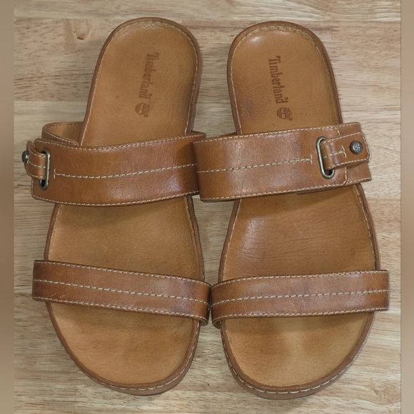 Timberland Shoes - Timberland Ladie's Tan Leather Slide Sandals Size 8